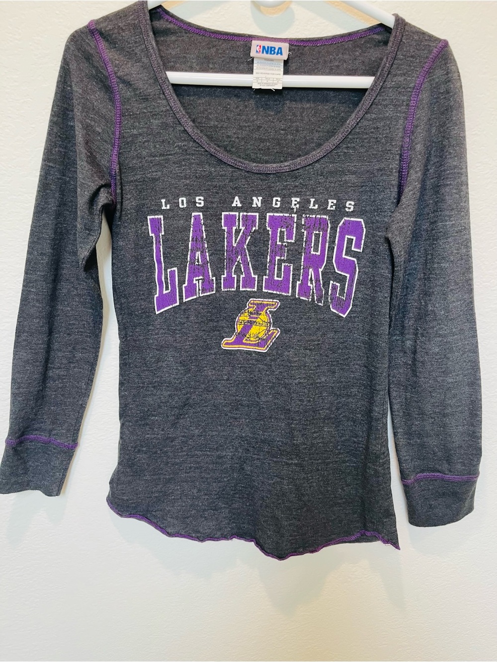 NBA Los Angeles Lakers Dark Gray Long Sleeve Scoop Tee with Purple and Gold Logo